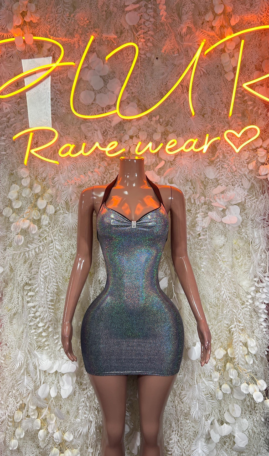 Metallic silver mini dress, sleeveless fitted bodycon with scoop neckline