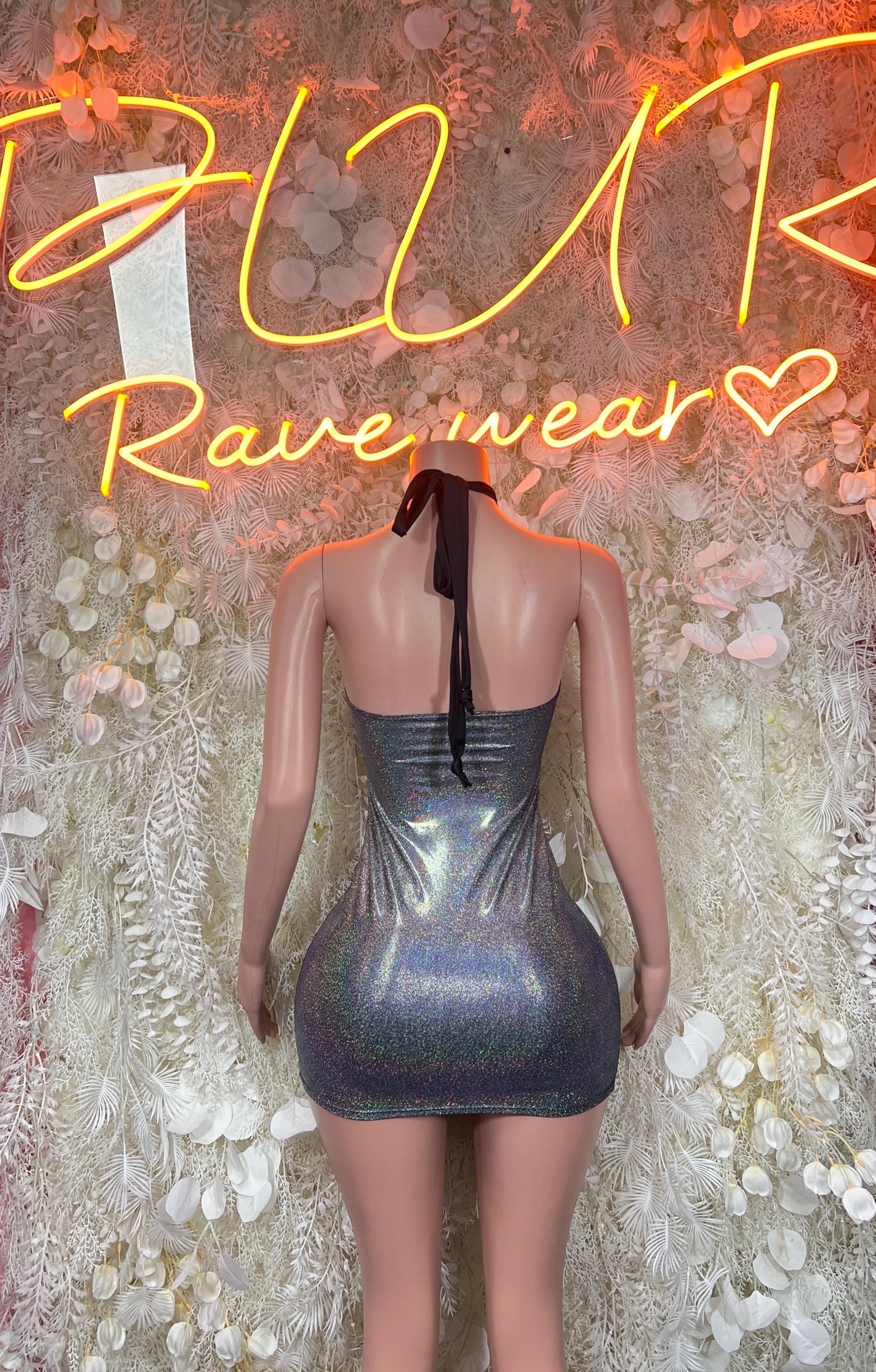 Silver metallic mini dress with open back and halter straps