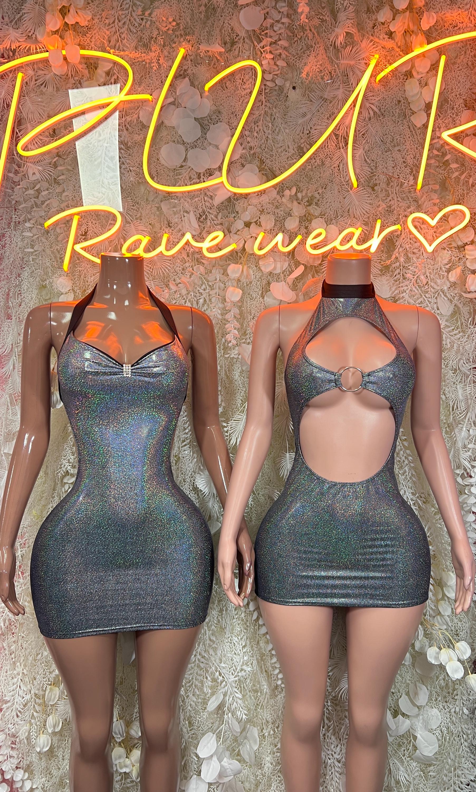 Silver metallic mini dress front and back views, halter neckline and open back