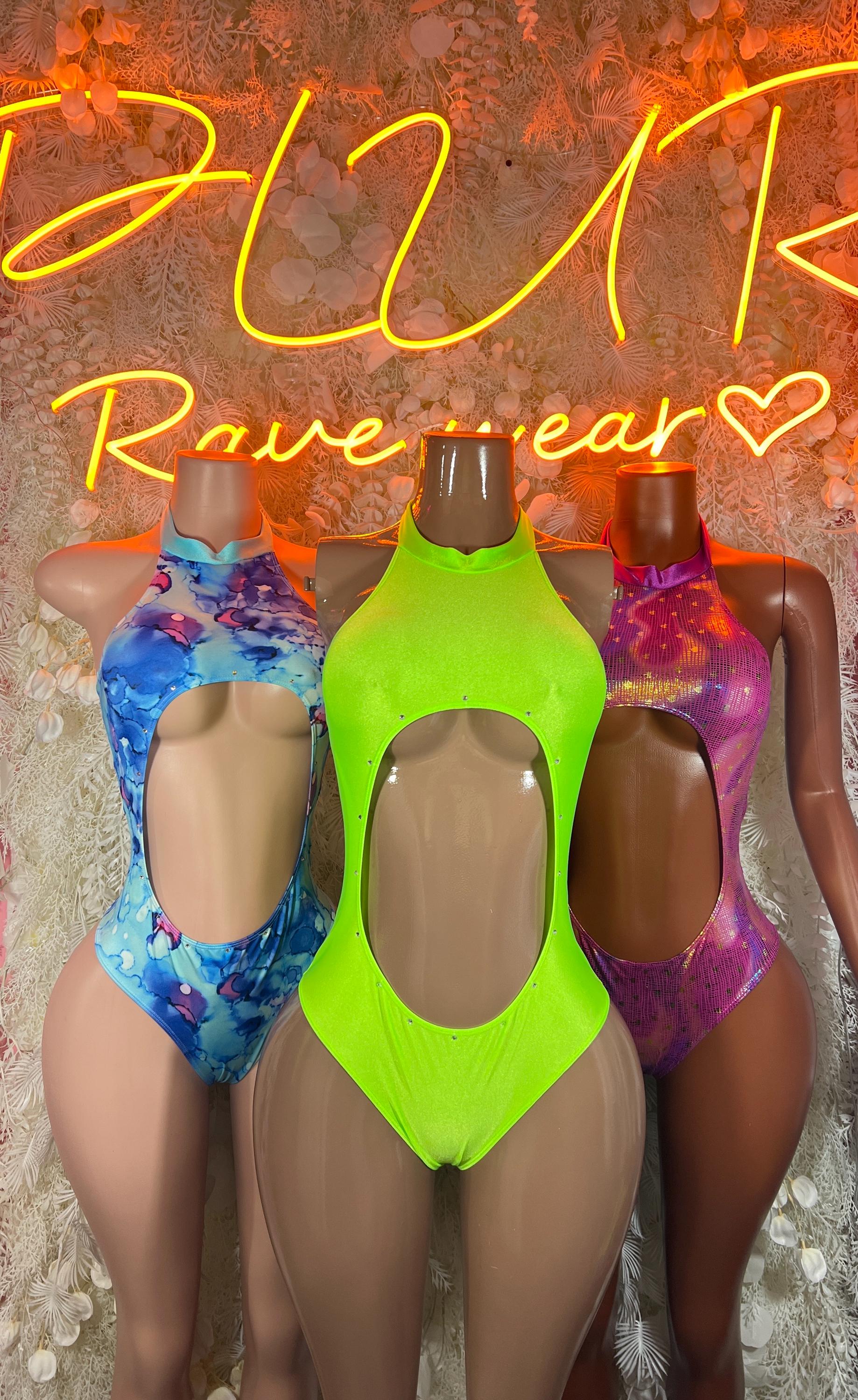 Three glitter metallic one-piece bodysuits: blue, neon green, and purple, high neck