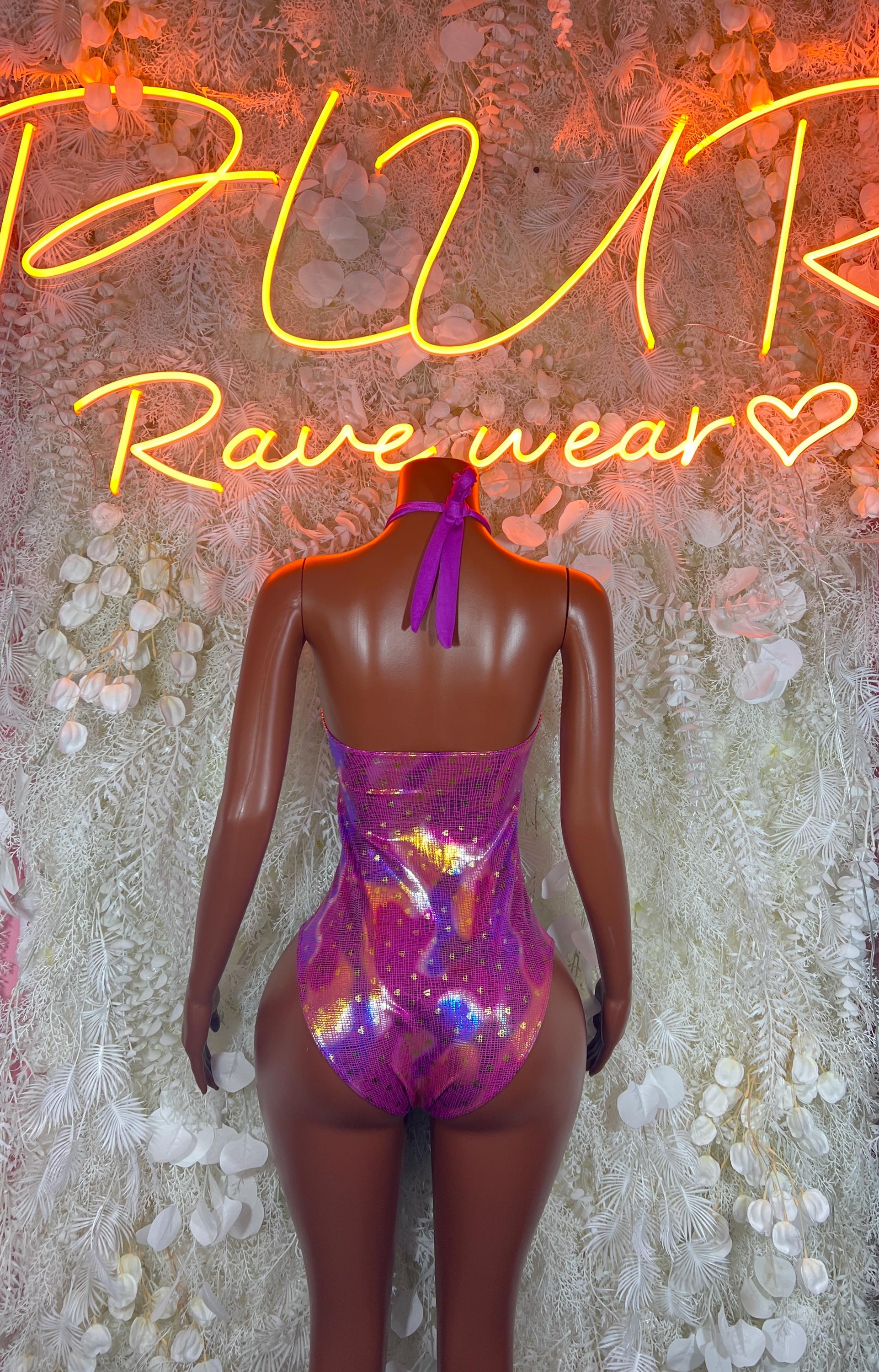 Purple metallic bodysuit with high back and ribbon tie, glitter one-piece