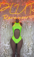 Neon green one-piece bodysuit with halter neck and front cutout