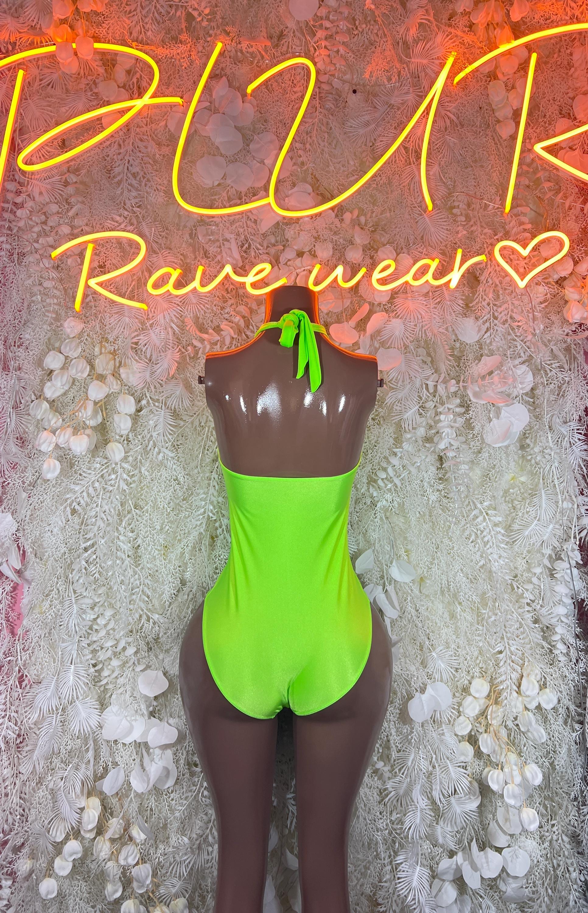 Neon green one-piece bodysuit with halter neck tie and backless design