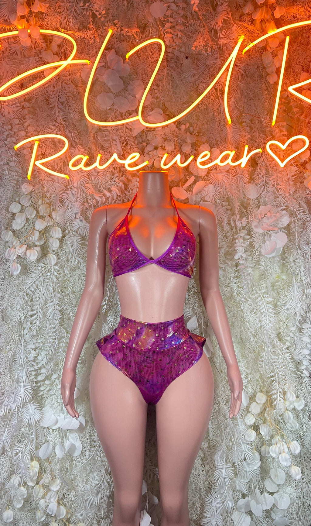 Purple metallic rave bikini with triangle bra and high-waist bottoms
