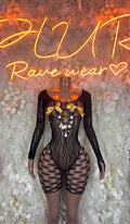 Black fishnet long-sleeve bodysuit with sheer panels and high-cut shorts