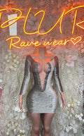Silver velvet mini dress with long sleeves and deep V neckline