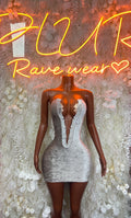 Silver velvet mini dress with deep V neckline and long sleeves, front corset seam