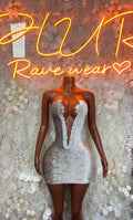 Silver velvet mini dress with long sleeves and lace-up front detail