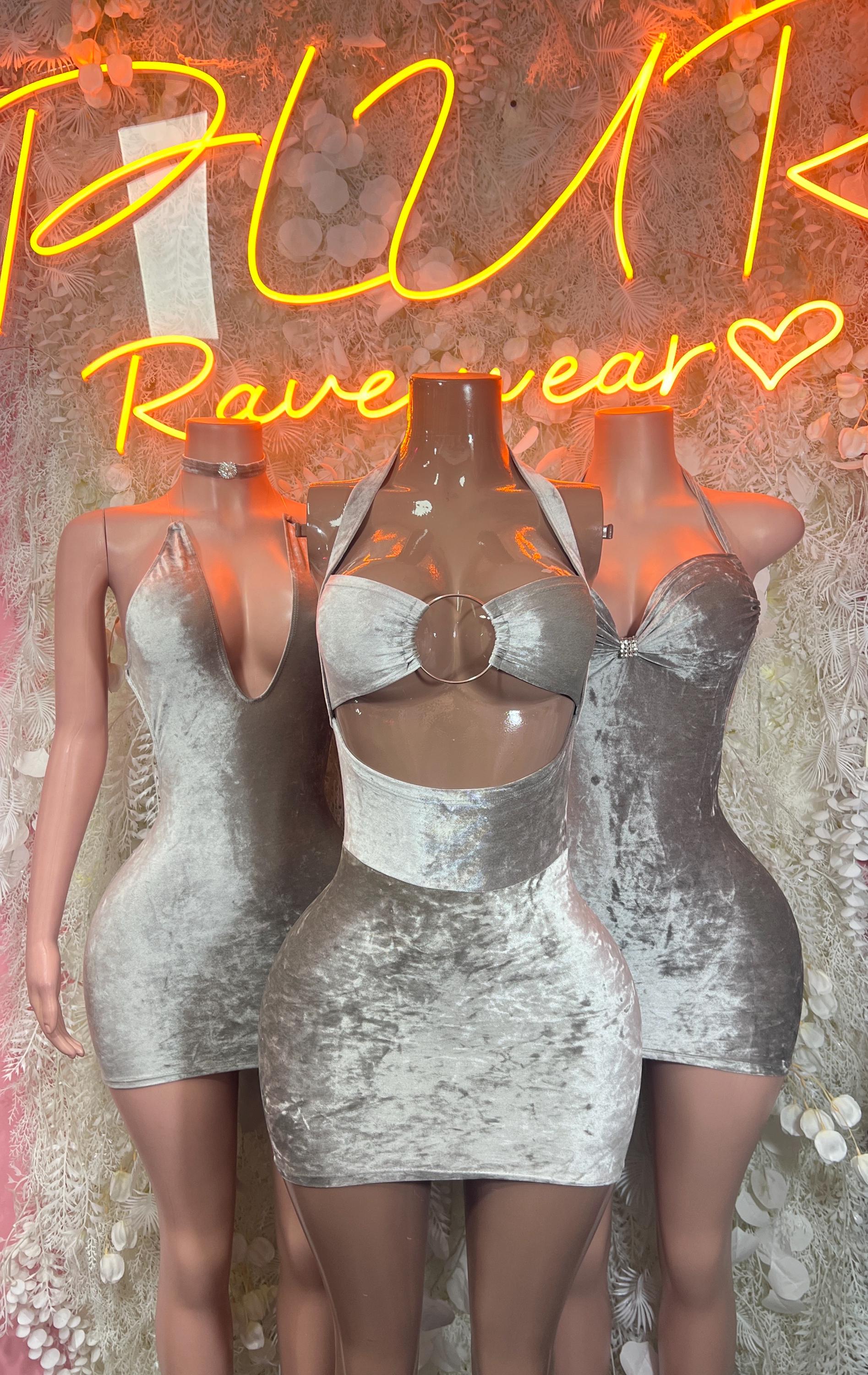 Silver velvet mini dress set on models: halter top with ring and fitted skirt