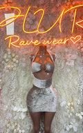 Silver mini dress in velvet with halter neckline, ring detail, and sleeveless front