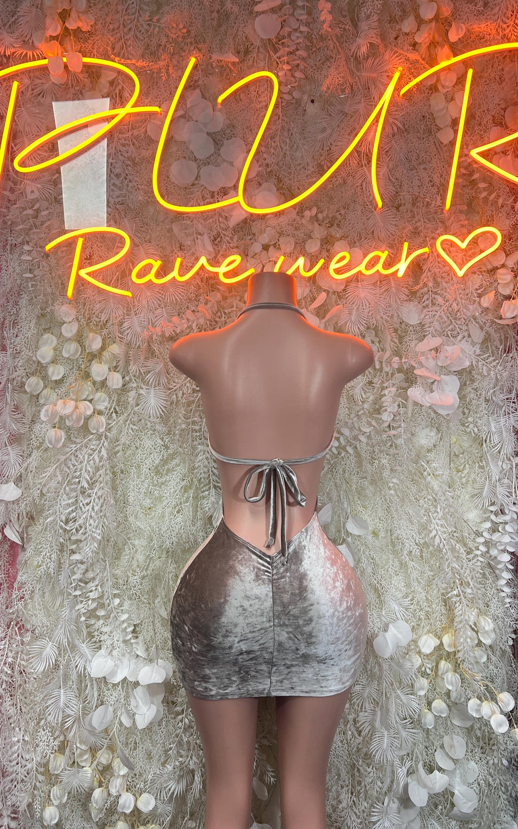 Silver velvet mini dress with halter back and lace-up tie at waist