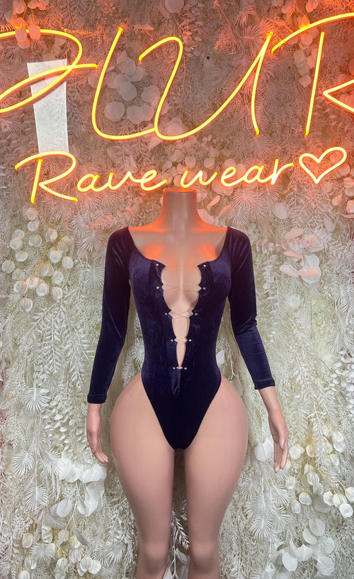 Dark blue velvet bodysuit with long sleeves and deep V neckline, snap front