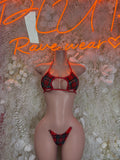 Red and plaid two-piece bikini lingerie set with lace-up back and triangle bra