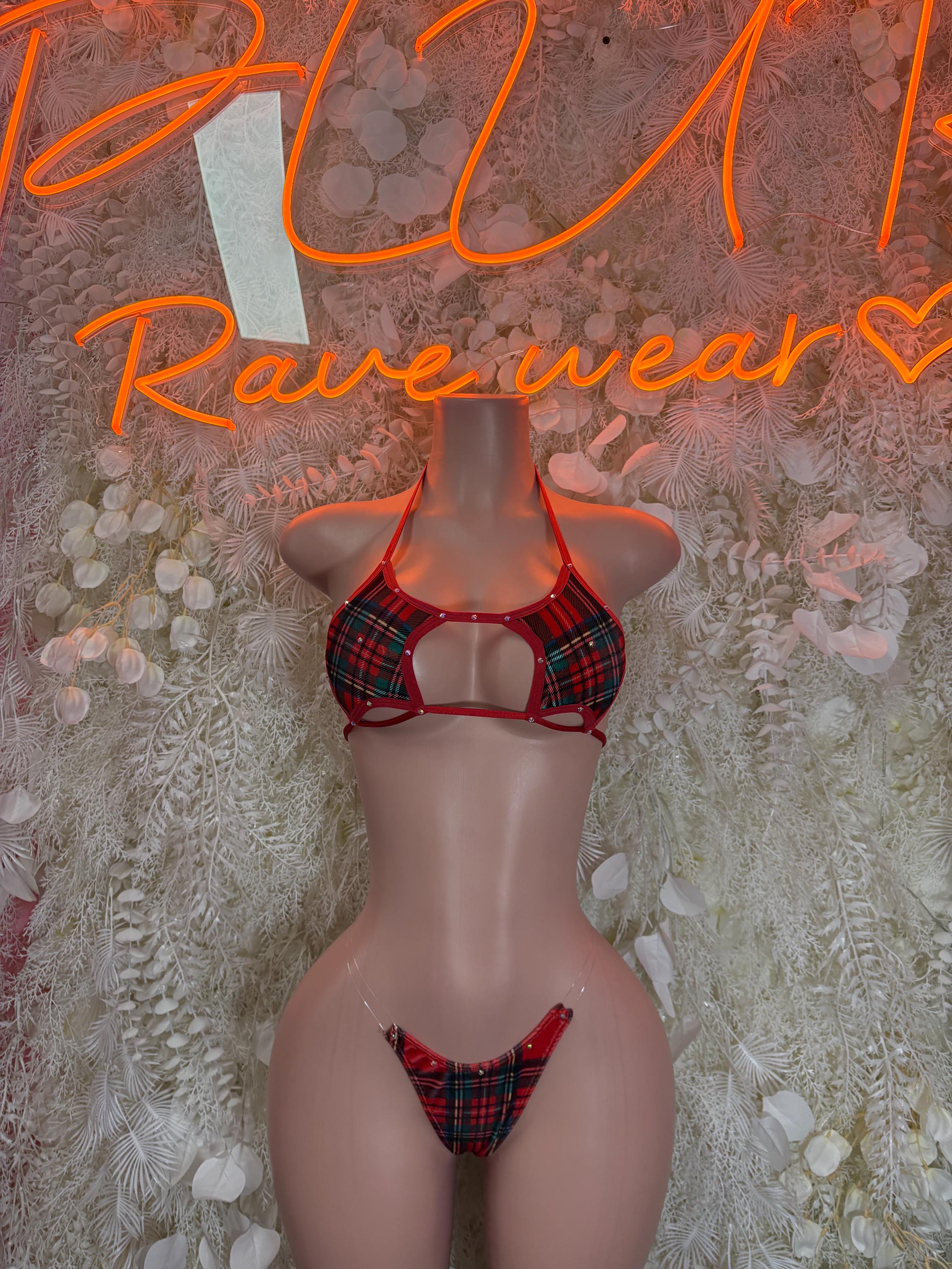 Red and plaid two-piece bikini lingerie set with lace-up back and triangle bra