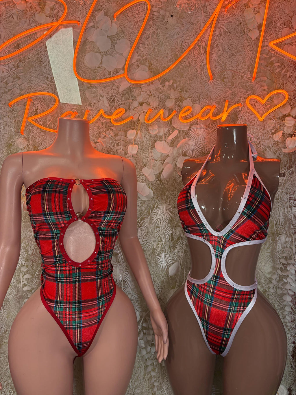 Red plaid cutout bodysuits, front and side views with open back