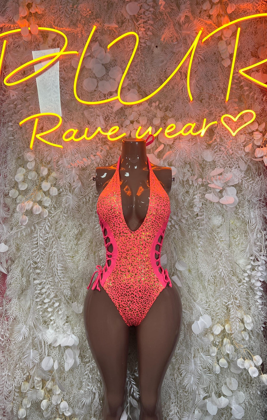 Coral cheetah-print holographic bodysuit with deep V neckline and open-back ties