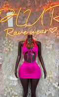 Hot pink halter festival dress with back tie bow, ruched mini hem