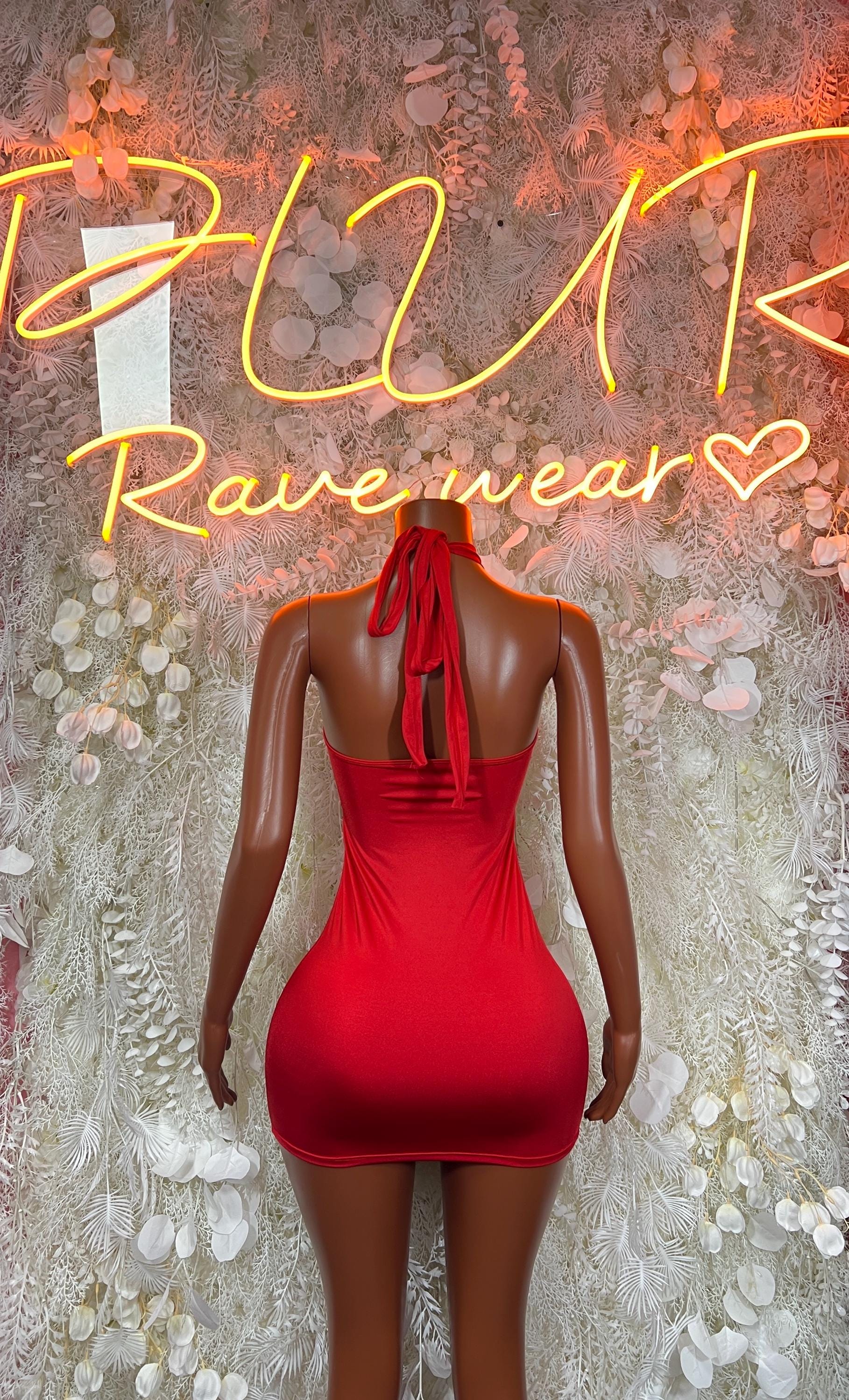 Red halter mini bodysuit with open back and tie straps, party clubwear dress