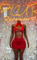 Red halter mini bodysuit with chest ring cutouts, sleeveless clubwear dress