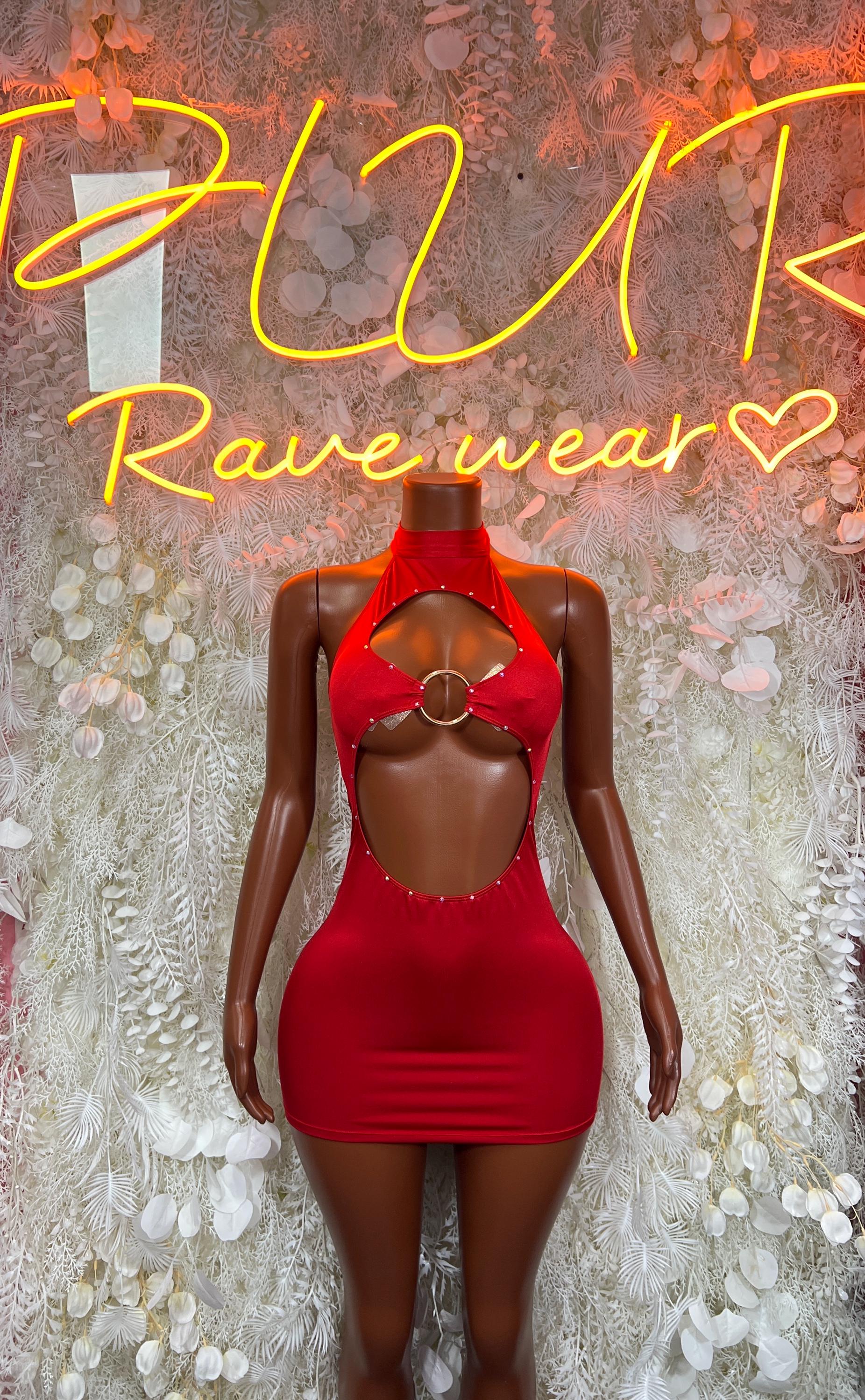 Red halter mini bodysuit with chest ring cutouts, sleeveless clubwear dress