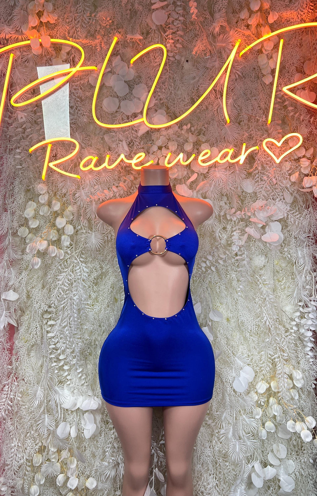 Blue halter mini dress bodysuit with keyhole cutout and silver ring detail