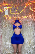 Blue halter mini dress bodysuit with keyhole cutout and silver ring detail