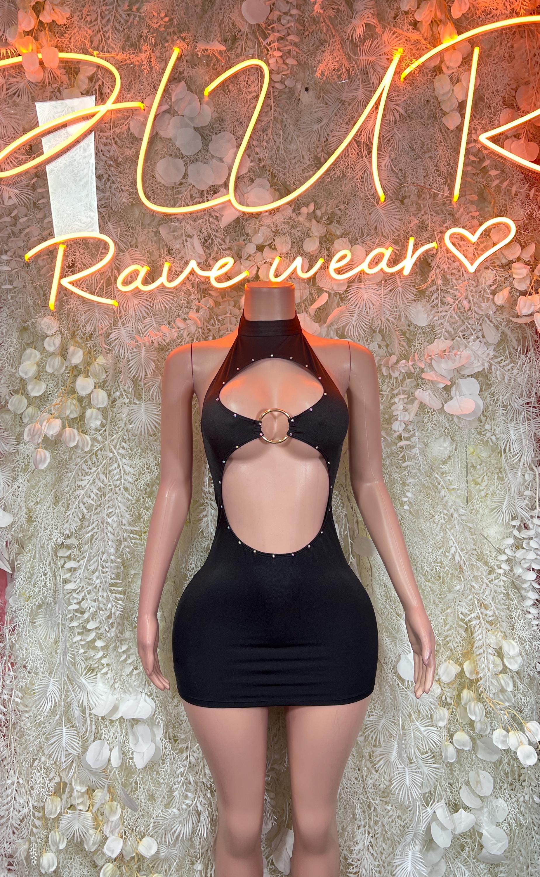 Black mini dress bodysuit with cutout neckline and keyhole back