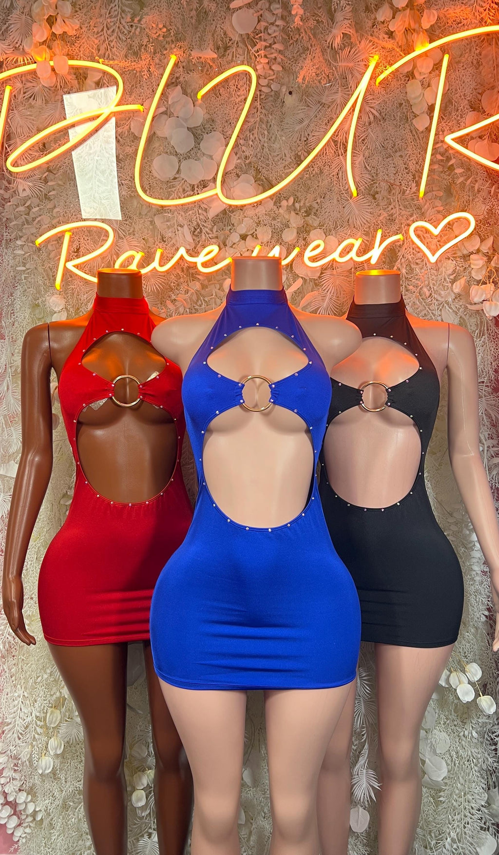 Mini dress bodysuits trio: red, blue, and black with circular cutouts