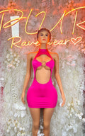 Hot pink mini dress bodysuit with halter neck and front cutout