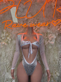 Metallic silver cheetah-print bodysuit with long sleeves, lace-front and open back
