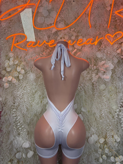 Silver cheetah-print hologram bodysuit with low back and tie straps