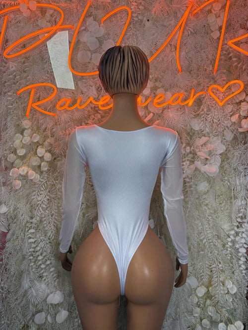 Hologram silver cheetah print bodysuit, long sleeves, high-cut back view