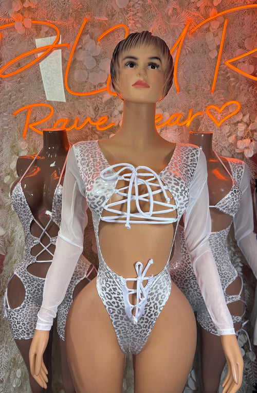Silver cheetah-print bodysuit with crisscross lace-up front and long sleeves