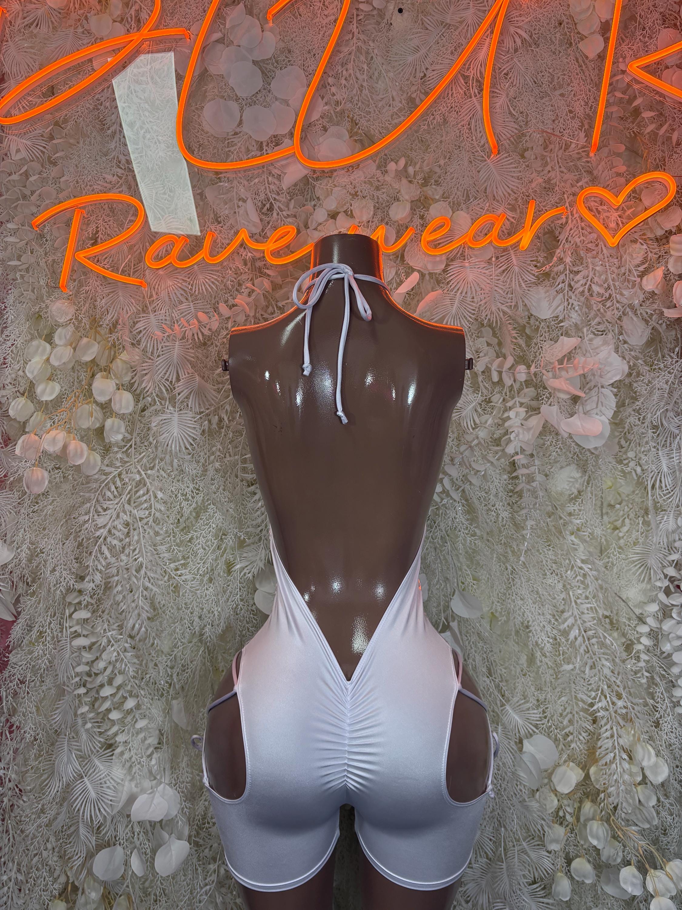 White hologram bodysuit with back tie and side cutouts