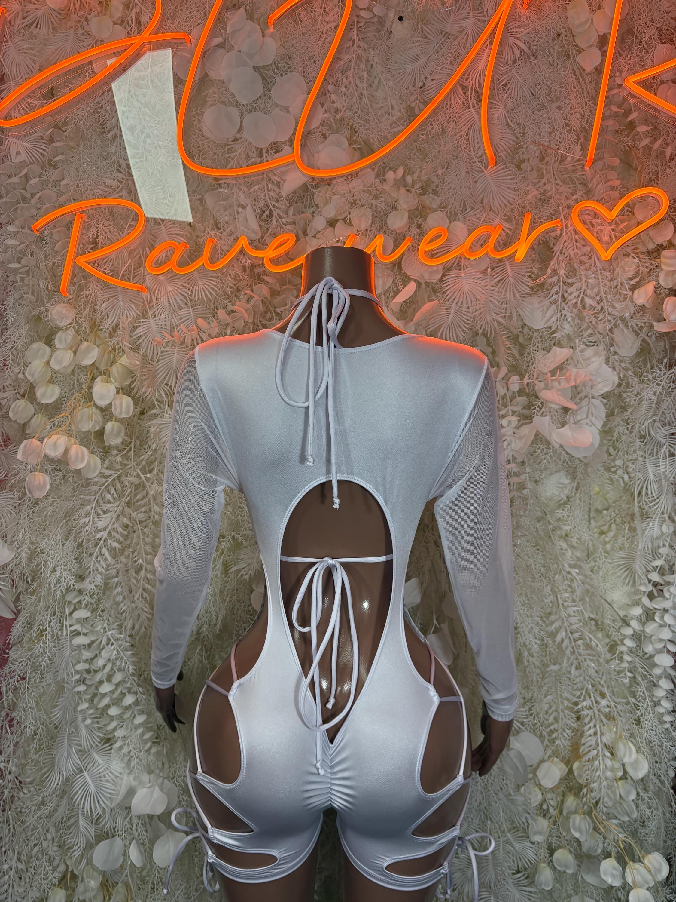 Silver cheetah-print bodysuit with back lace ties and thigh cutouts, sheer sleeves