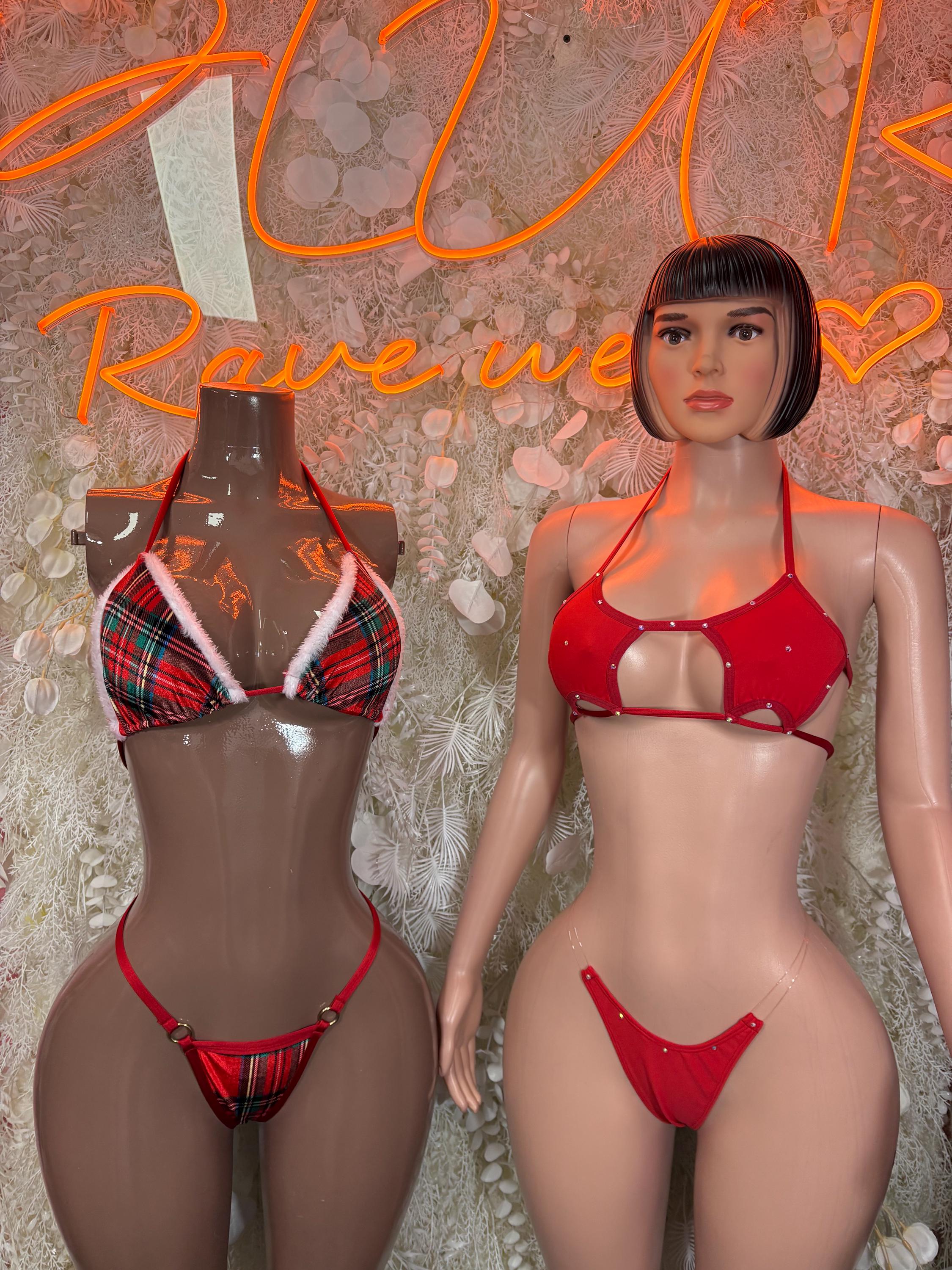 Red rave bikini on model, with plaid bikini piece displayed beside it