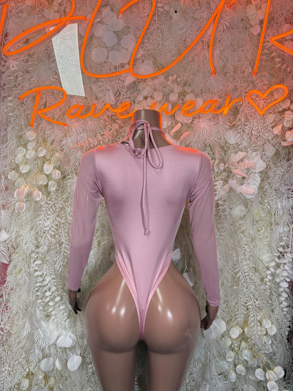 Rose pink velvet bodysuit, low back with neck tie and crisscross lace closure