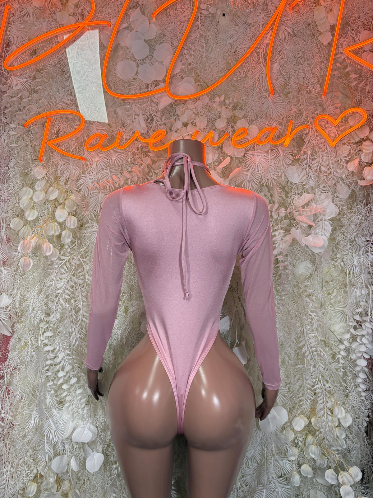 Rose pink velvet bodysuit, low back with neck tie and crisscross lace closure