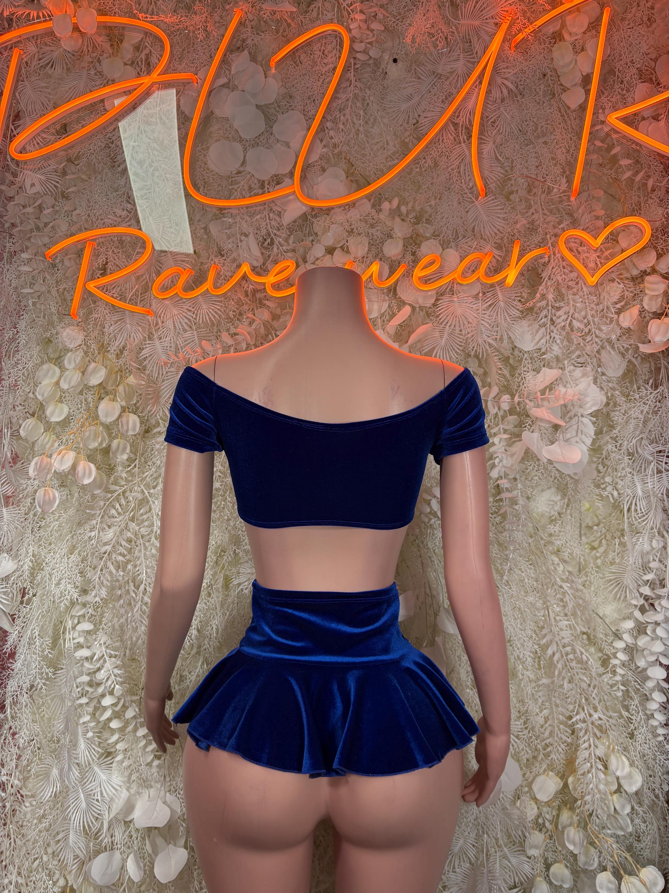 Navy blue off-shoulder crop top and pleated mini skirt set, fitted waist