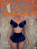 Navy blue off-shoulder crop top and flared mini skirt set with bow