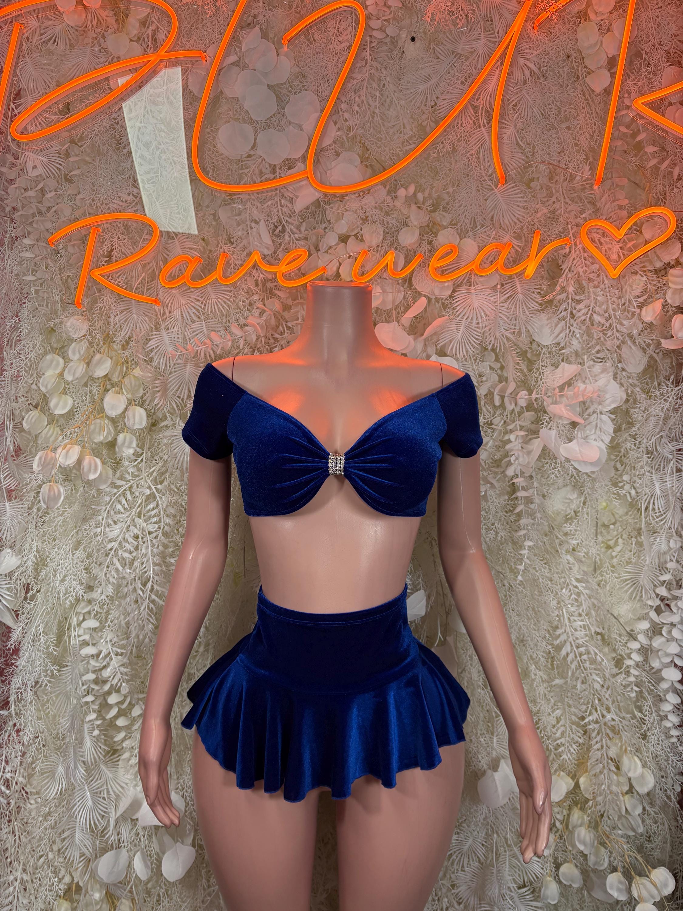Navy blue off-shoulder crop top and flared mini skirt set with bow