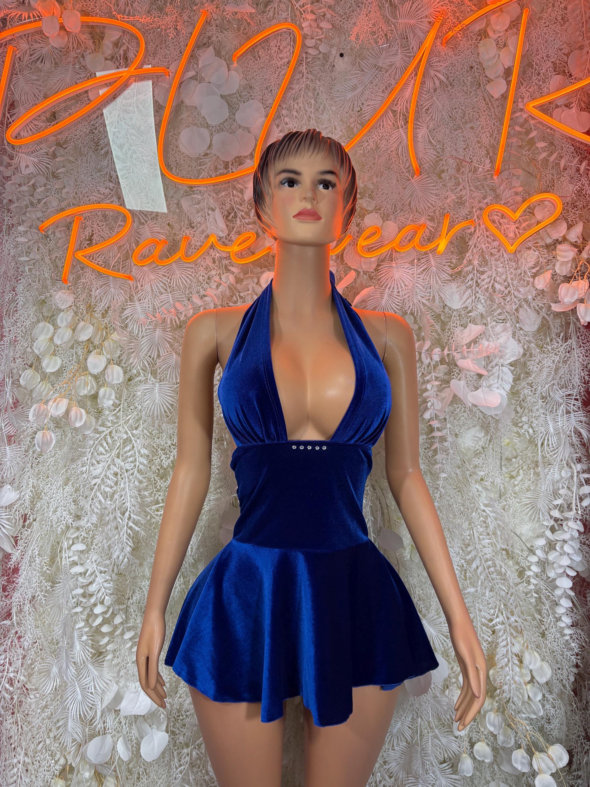 Blue velvet halter mini dress with deep V neckline, fitted bodice, tiered skirt
