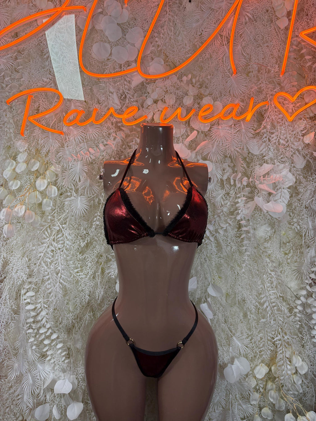 Dark red string bikini costume with halter bra and matching bottoms