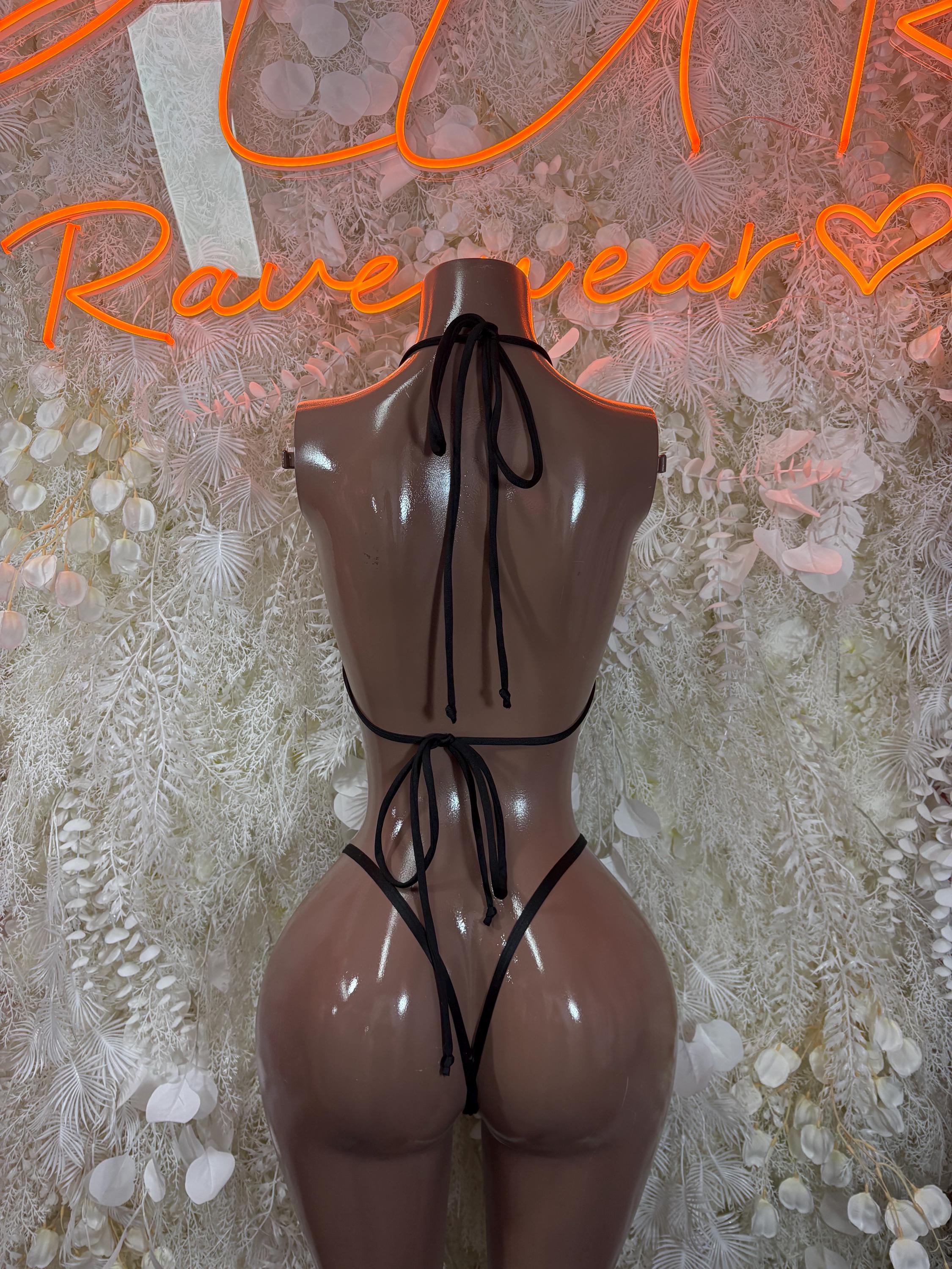 Dark red string bikini costume back view with neck tie and thong-style bottoms
