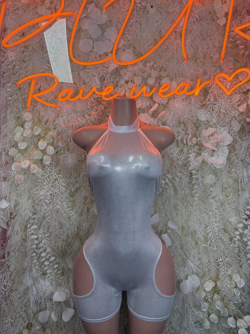 Silver metallic hologram bodysuit with high neck and side cutouts