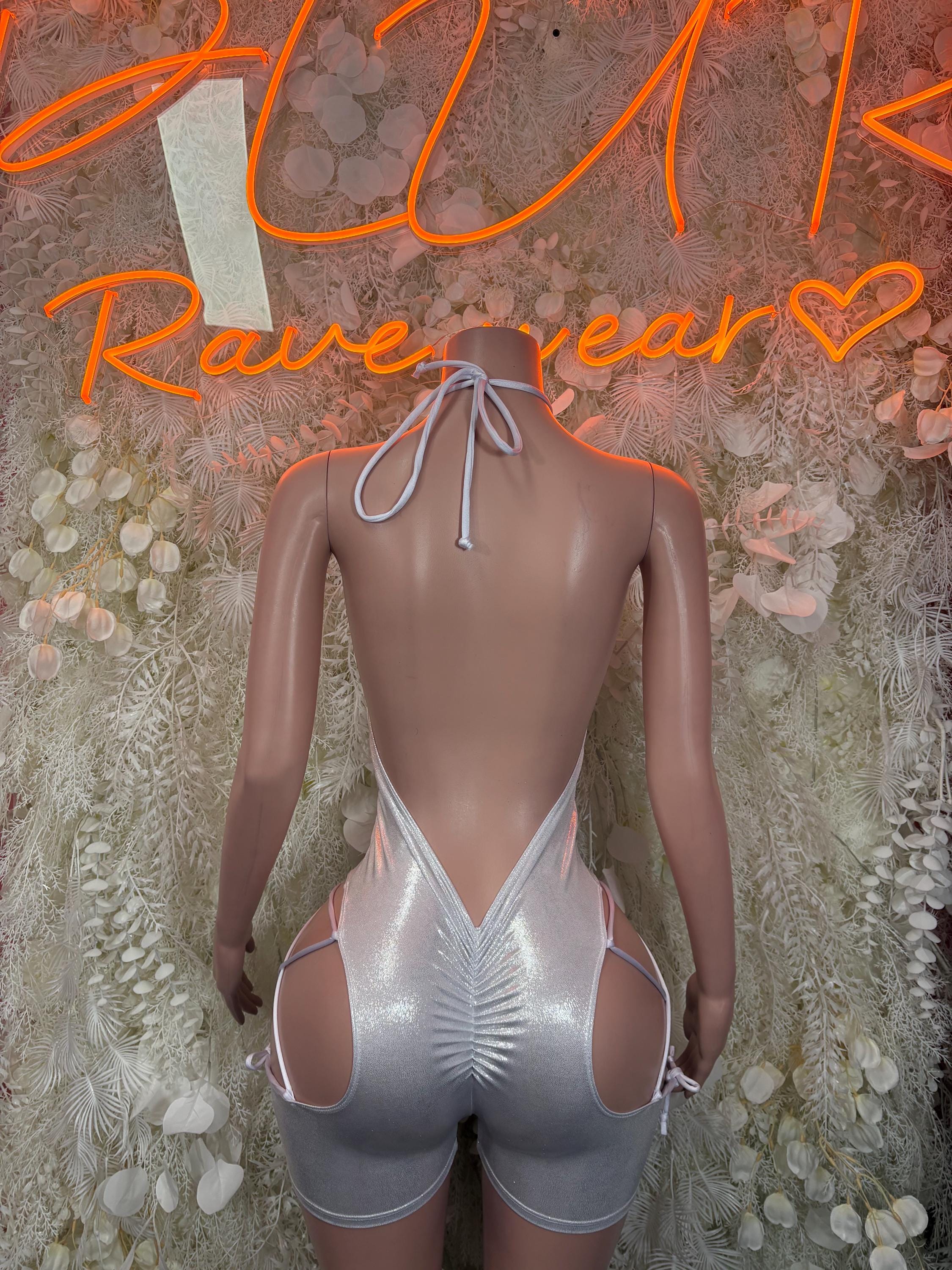 Silver metallic hologram bodysuit with long sleeves and open back, lace-up bottom