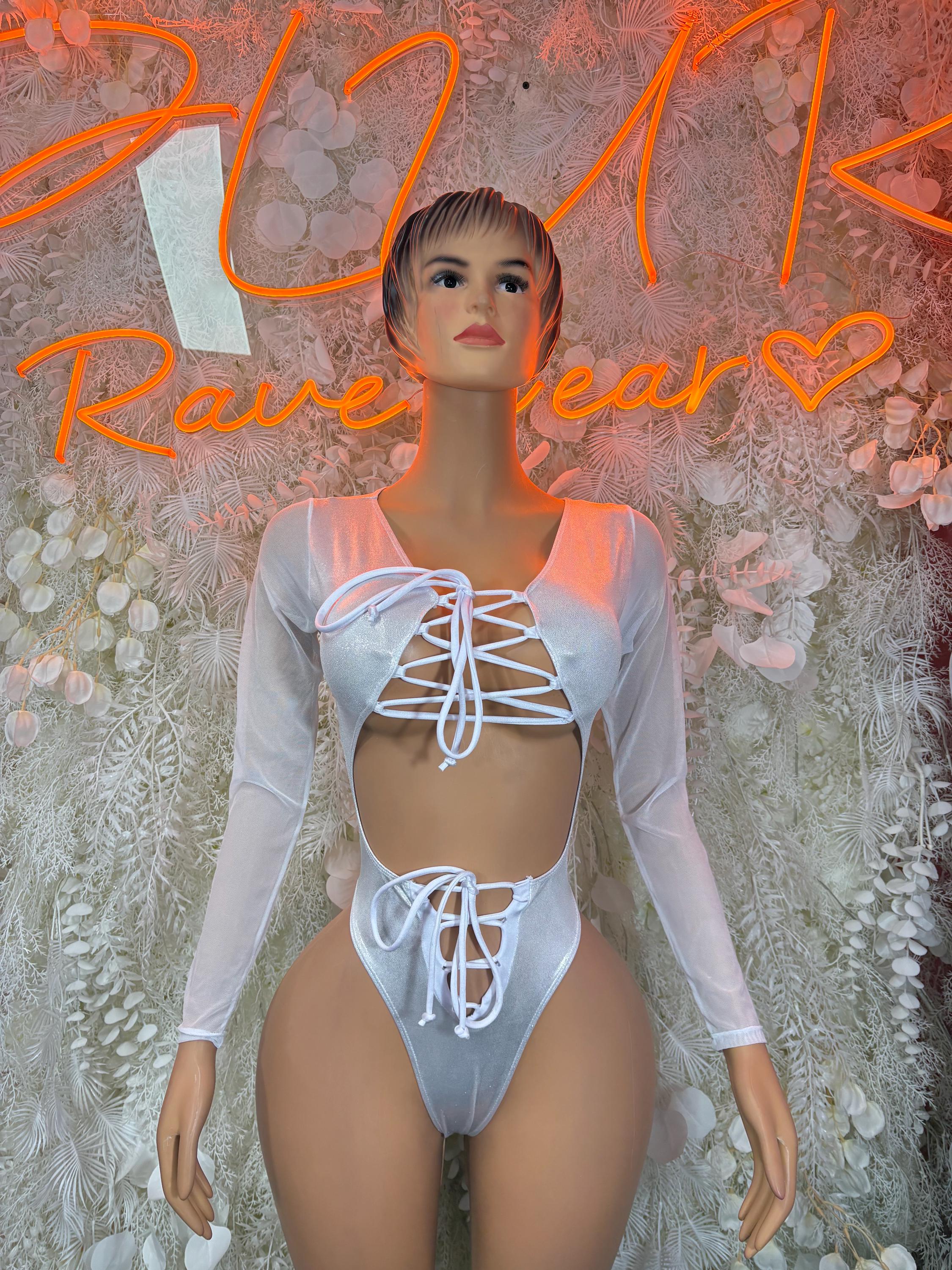Silver metallic hologram bodysuit with lace-up center and V-neck, long sleeve
