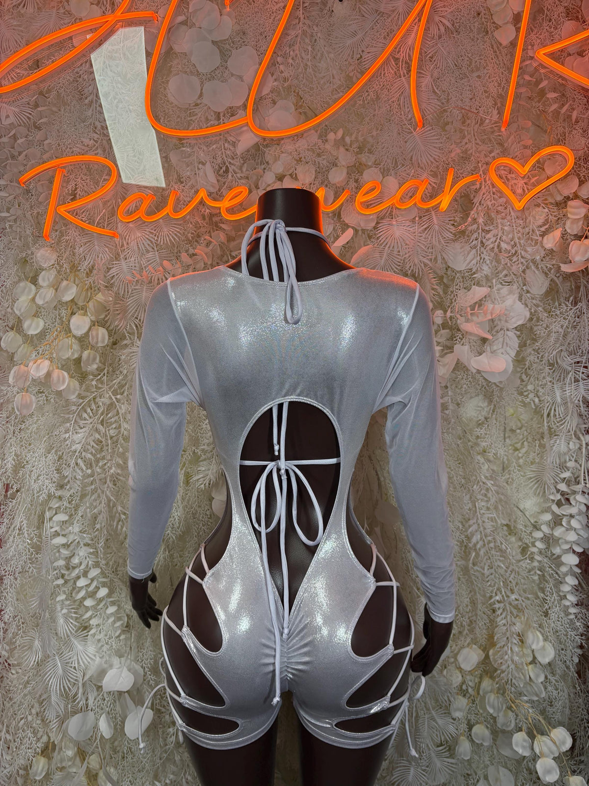 Silver metallic bodysuit back with open keyhole and lace-up detail