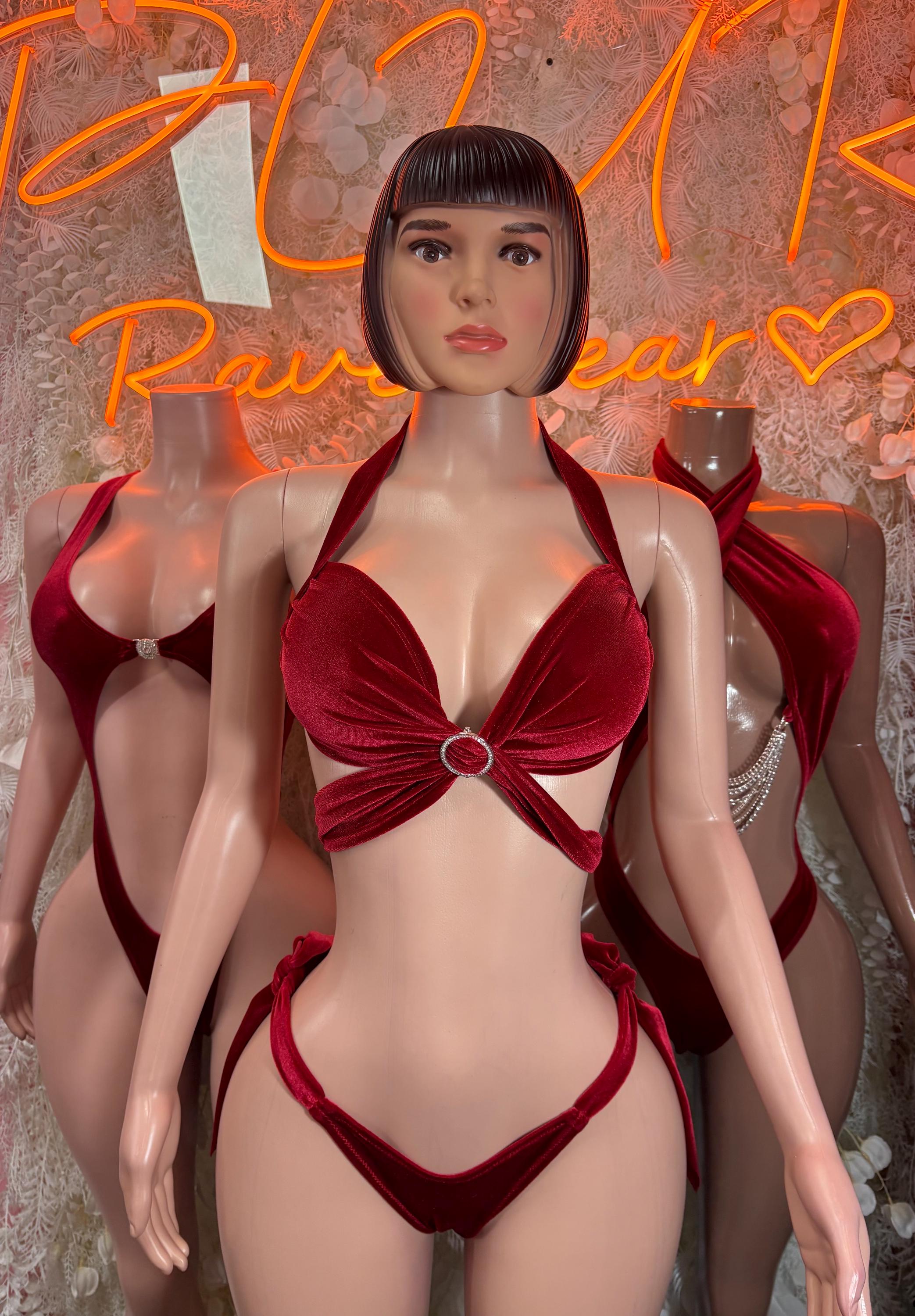 Front view red velvet push-up bra and matching bikini bottoms with tie straps