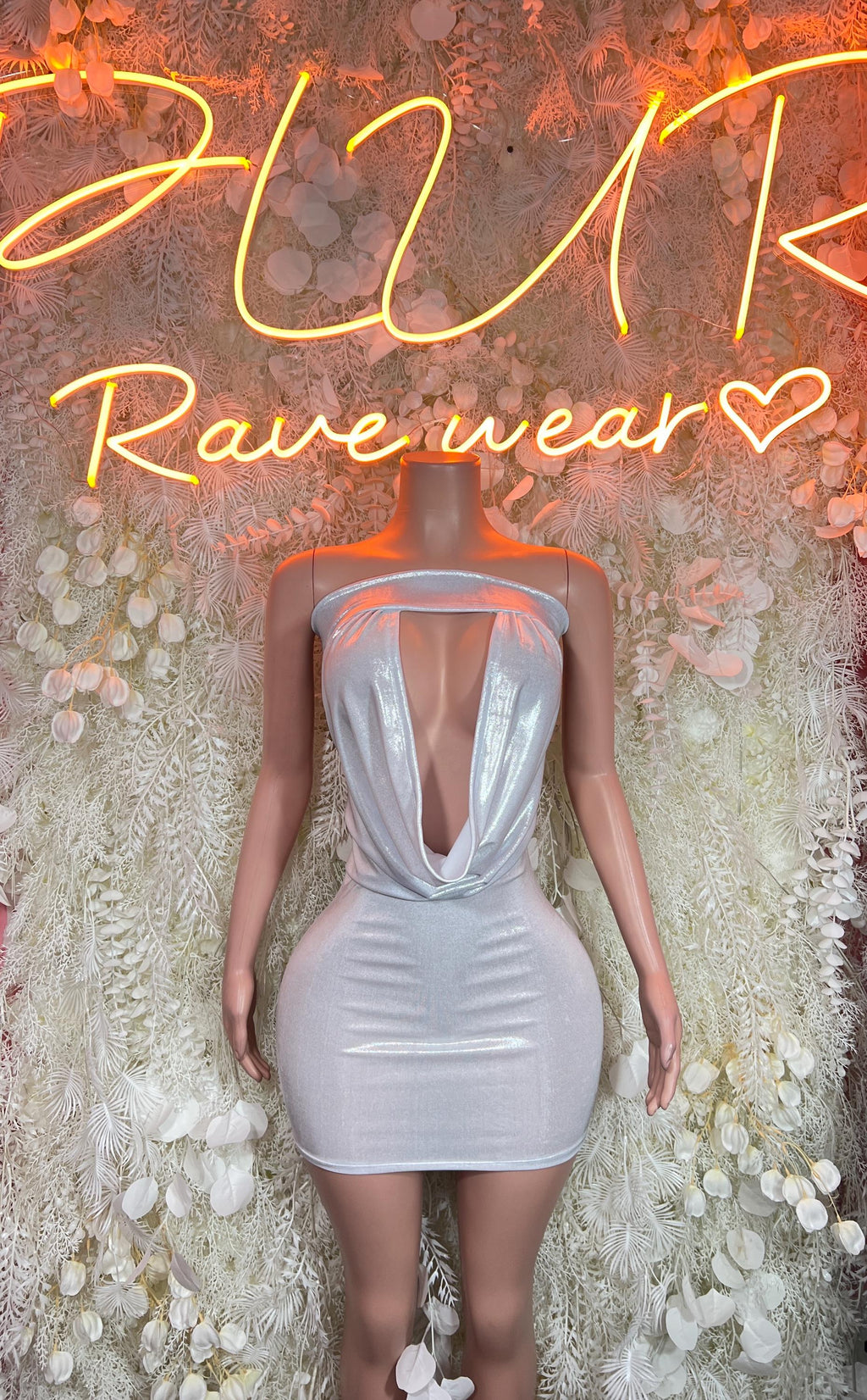 Silver holographic backless mini dress with deep V open back and ruched bodice